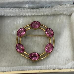 Gold filled faceted pink glass stones brooch vintage